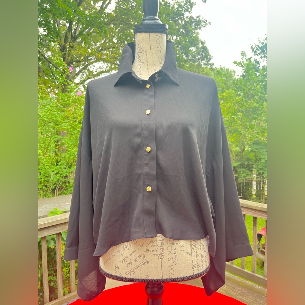 T Tahari size S Black Button-Down Shirt with Gold Buttons